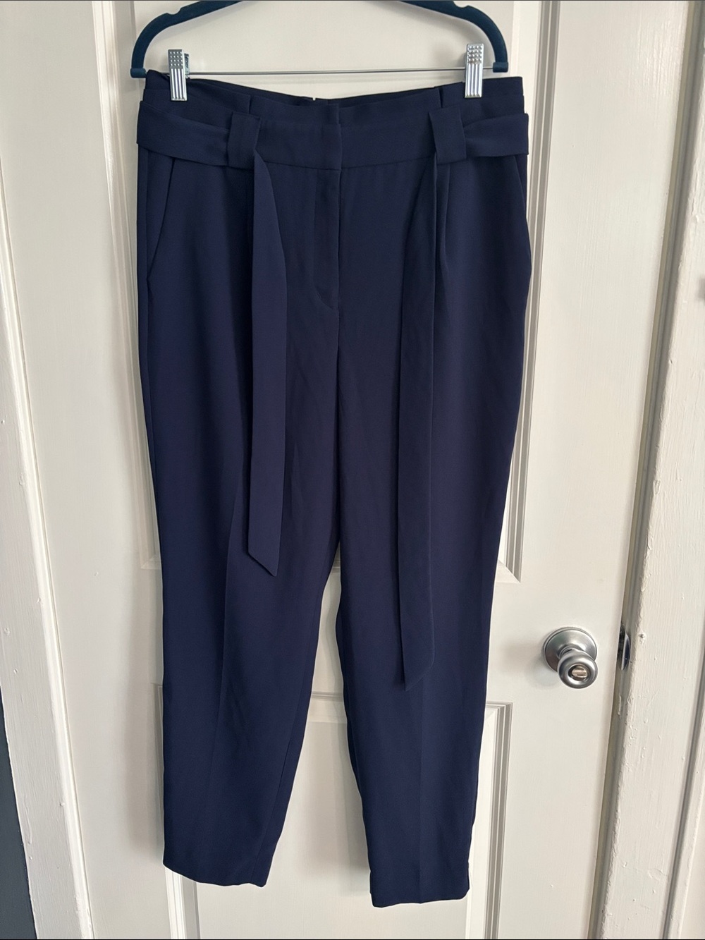 Express Navy High-Waist Paperbag Trousers with Waist Tie